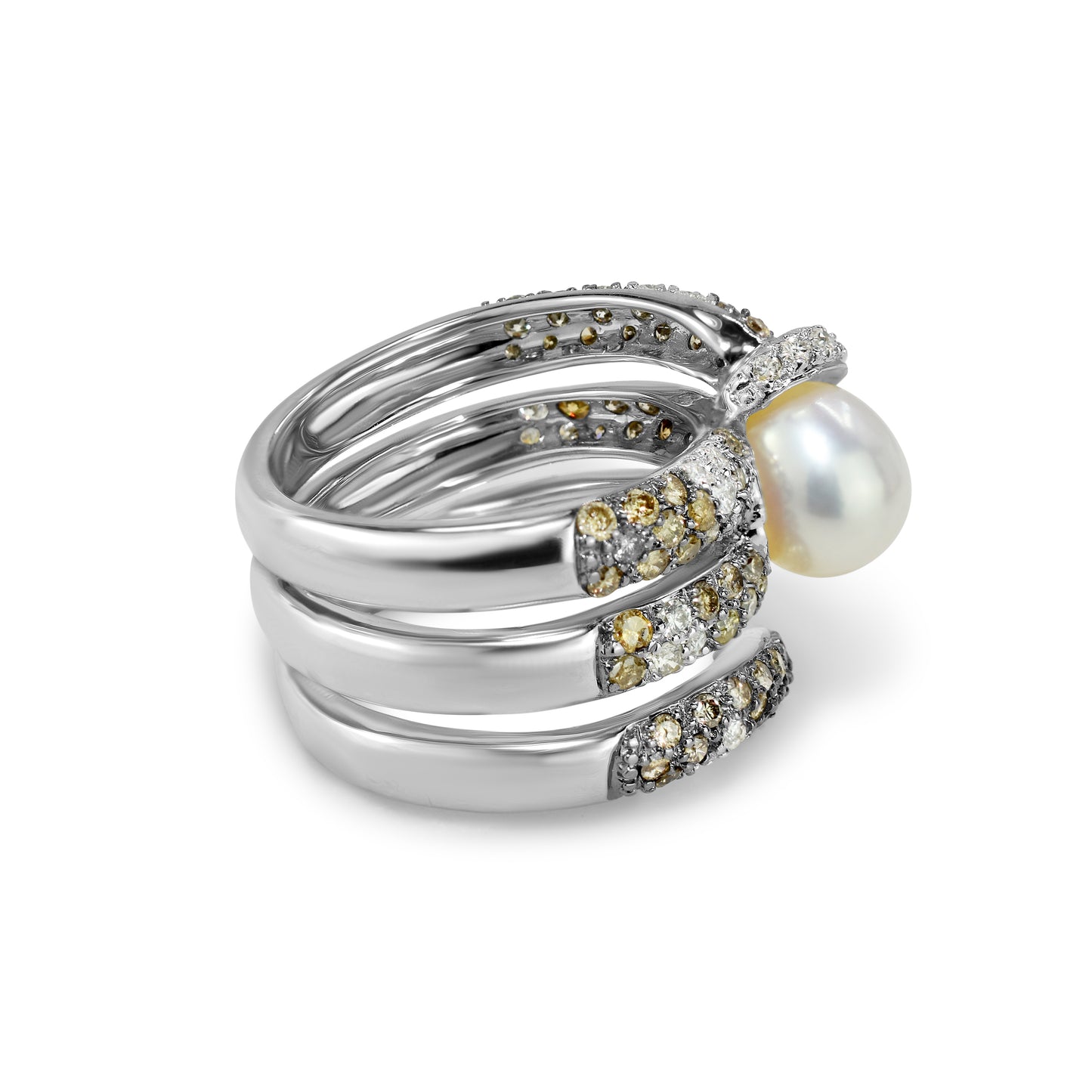 18k White Gold Oblong Freshwater Pearl, Citrine, Brown and White Diamond Snake Ring