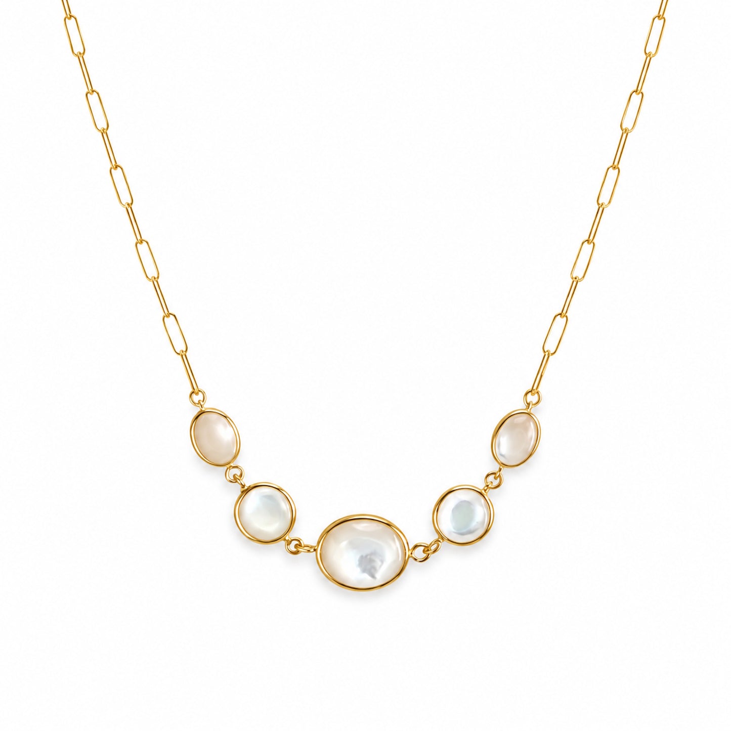 14k Mother of Pearl 5 Bezel Paperclip Chain Necklace