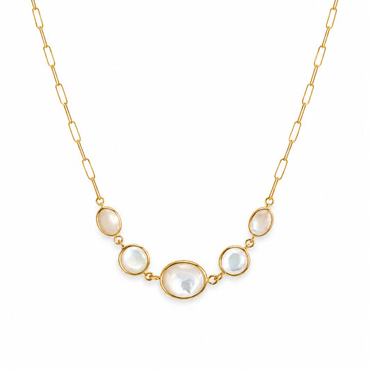 14k Mother of Pearl 5 Bezel Paperclip Chain Necklace