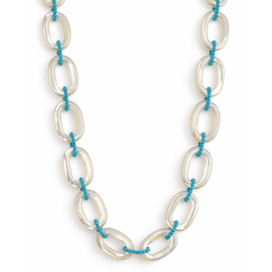 14k Mother of Pearl Oval & Turquoise or Black Spinel Link Necklace