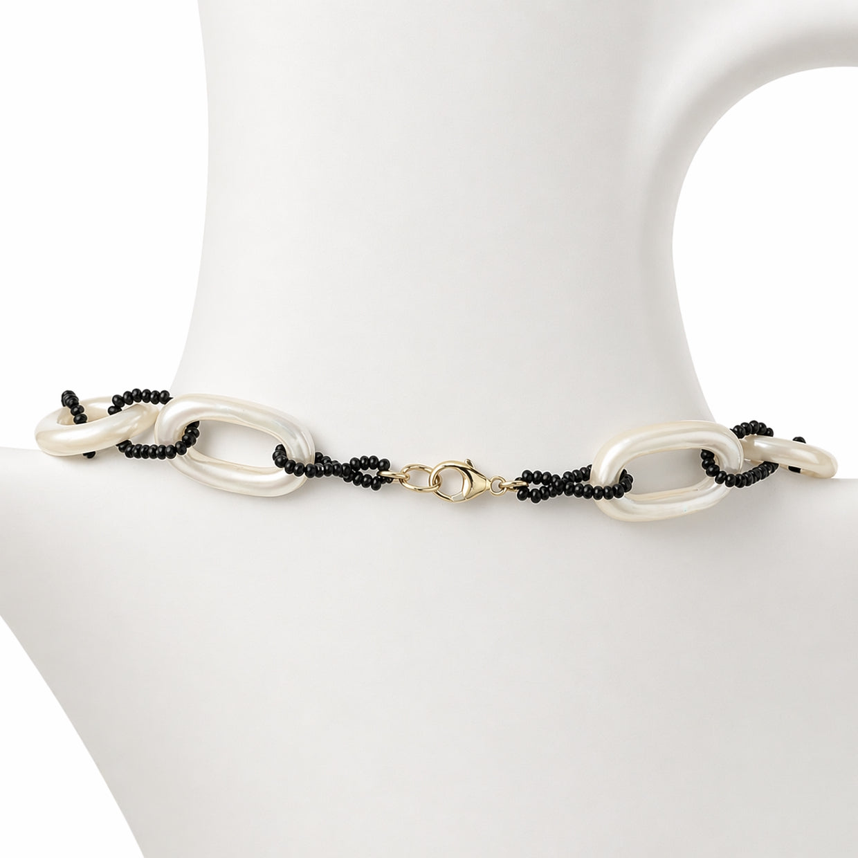 14k Mother of Pearl Oval & Turquoise or Black Spinel Link Necklace