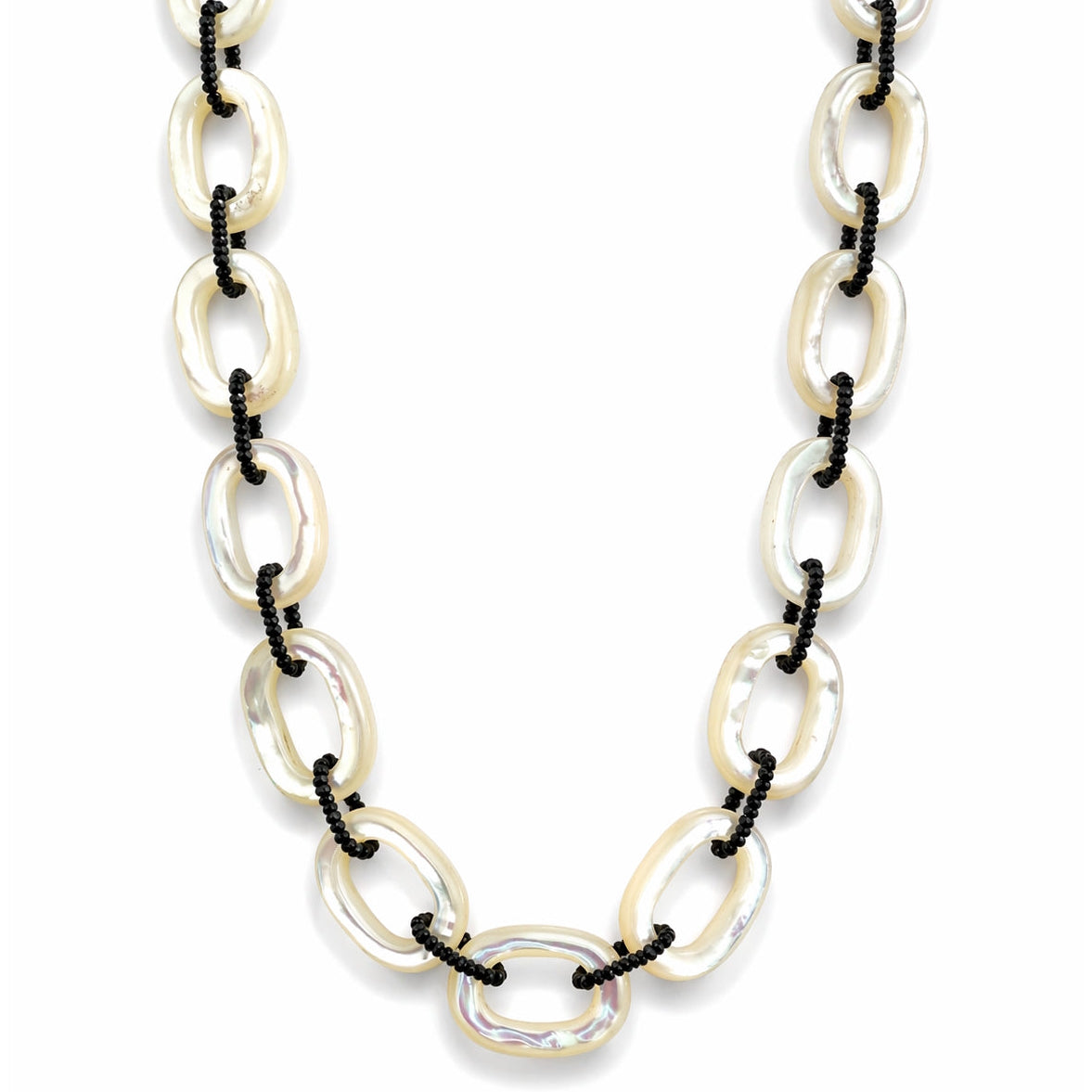 14k Mother of Pearl Oval & Turquoise or Black Spinel Link Necklace