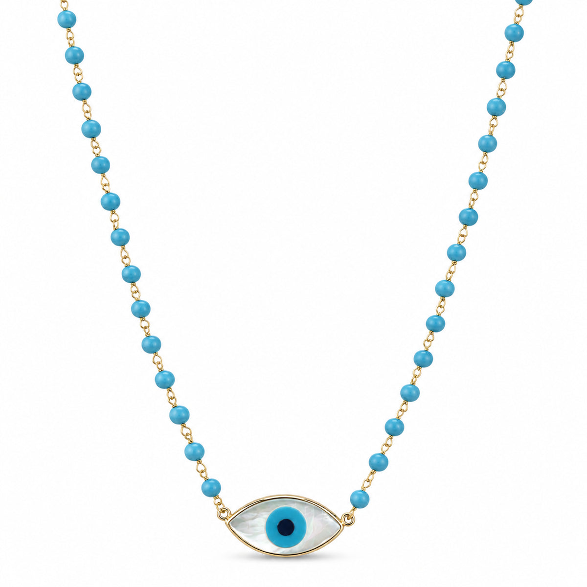 14k White Pearl or Turquoise Link Shell Evil Eye Pendant Necklace