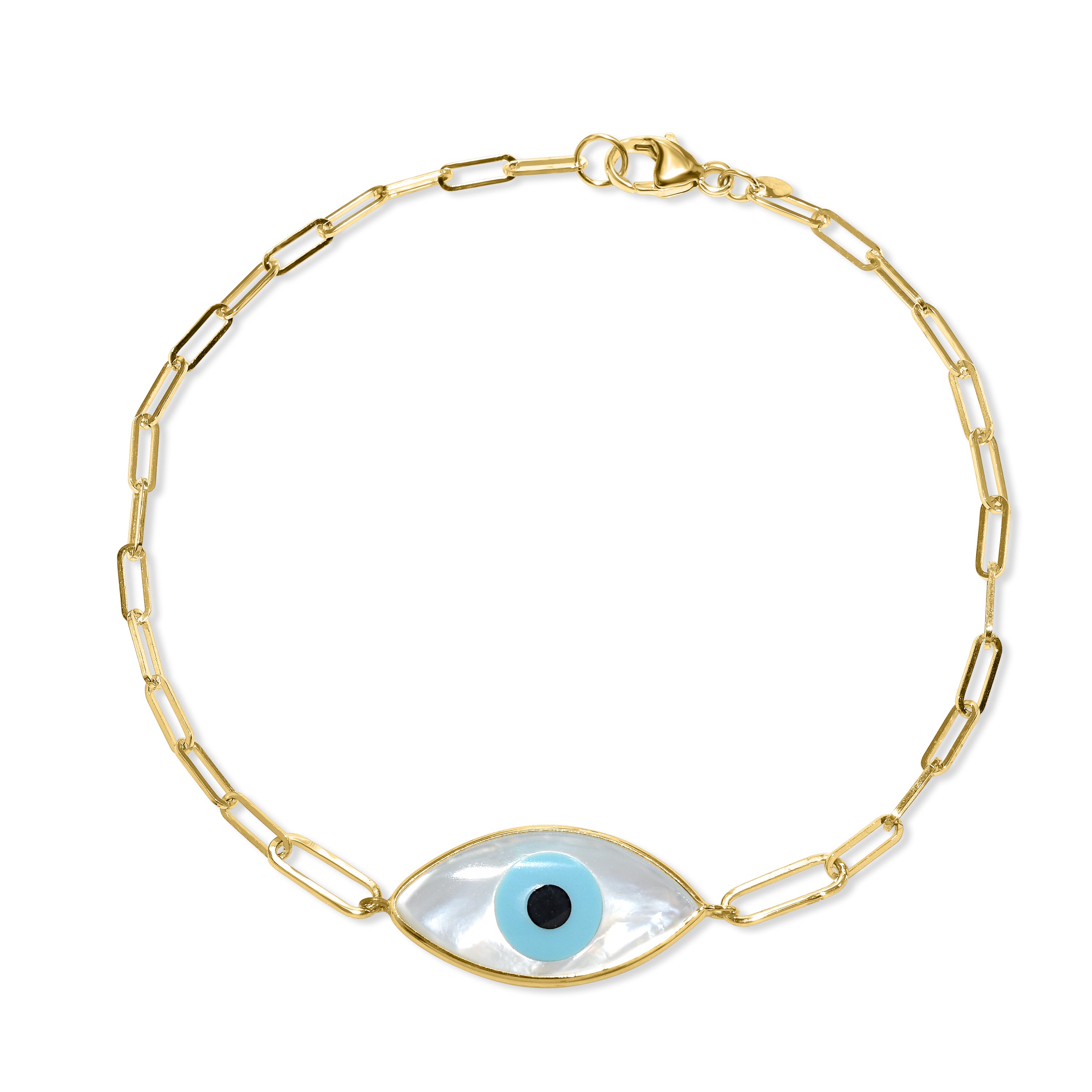 14k Shell Evil Eye Paperclip Bracelet