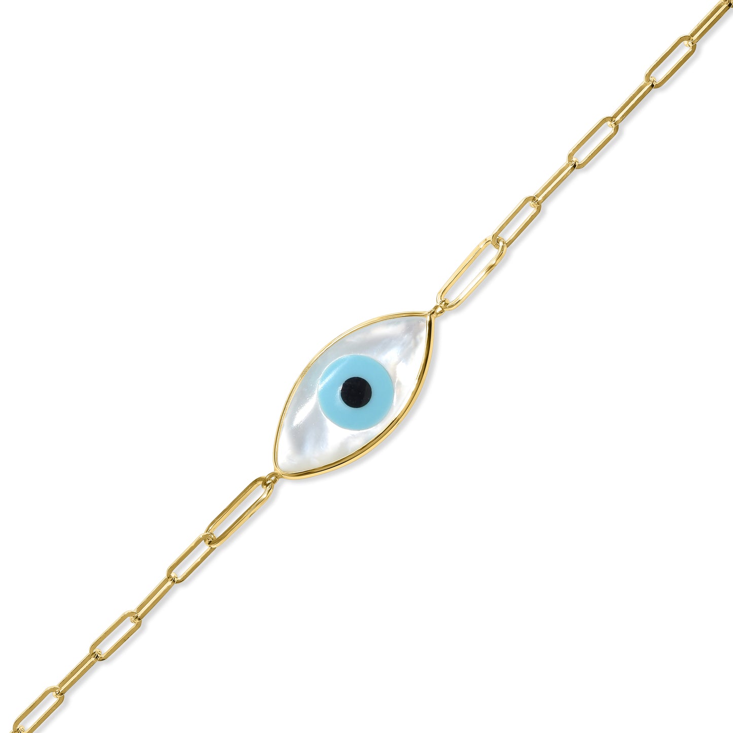 14k Shell Evil Eye Paperclip Bracelet