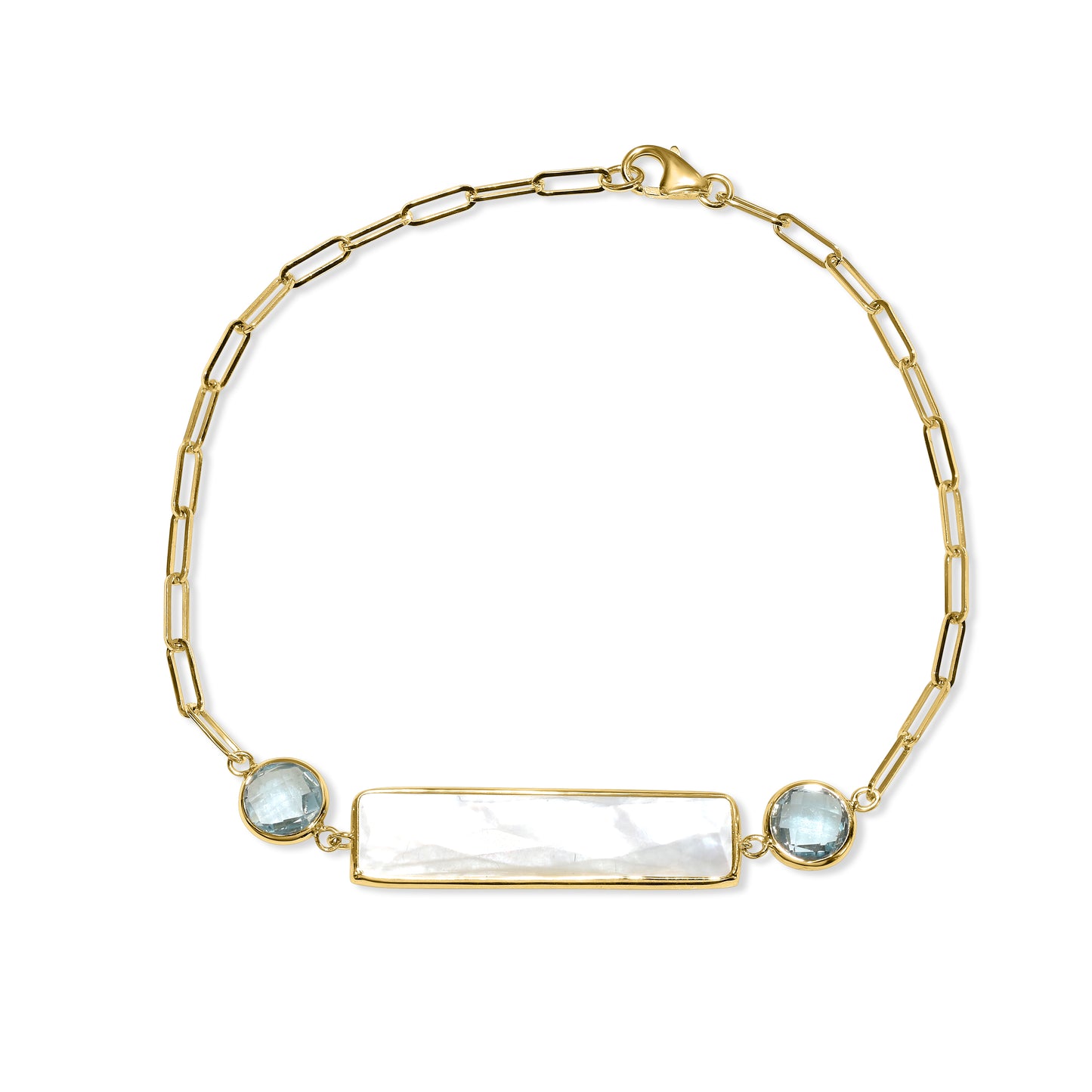 14k Mother of Pearl Swiss Blue Topaz Paperclip Bracelet