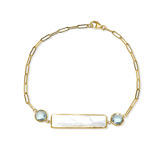14k Mother of Pearl Swiss Blue Topaz Paperclip Bracelet