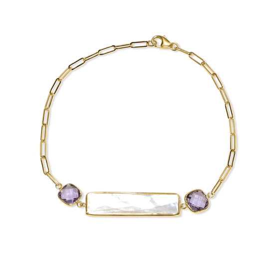 14k Mother of Pearl Amethyst Paperclip Bracelet