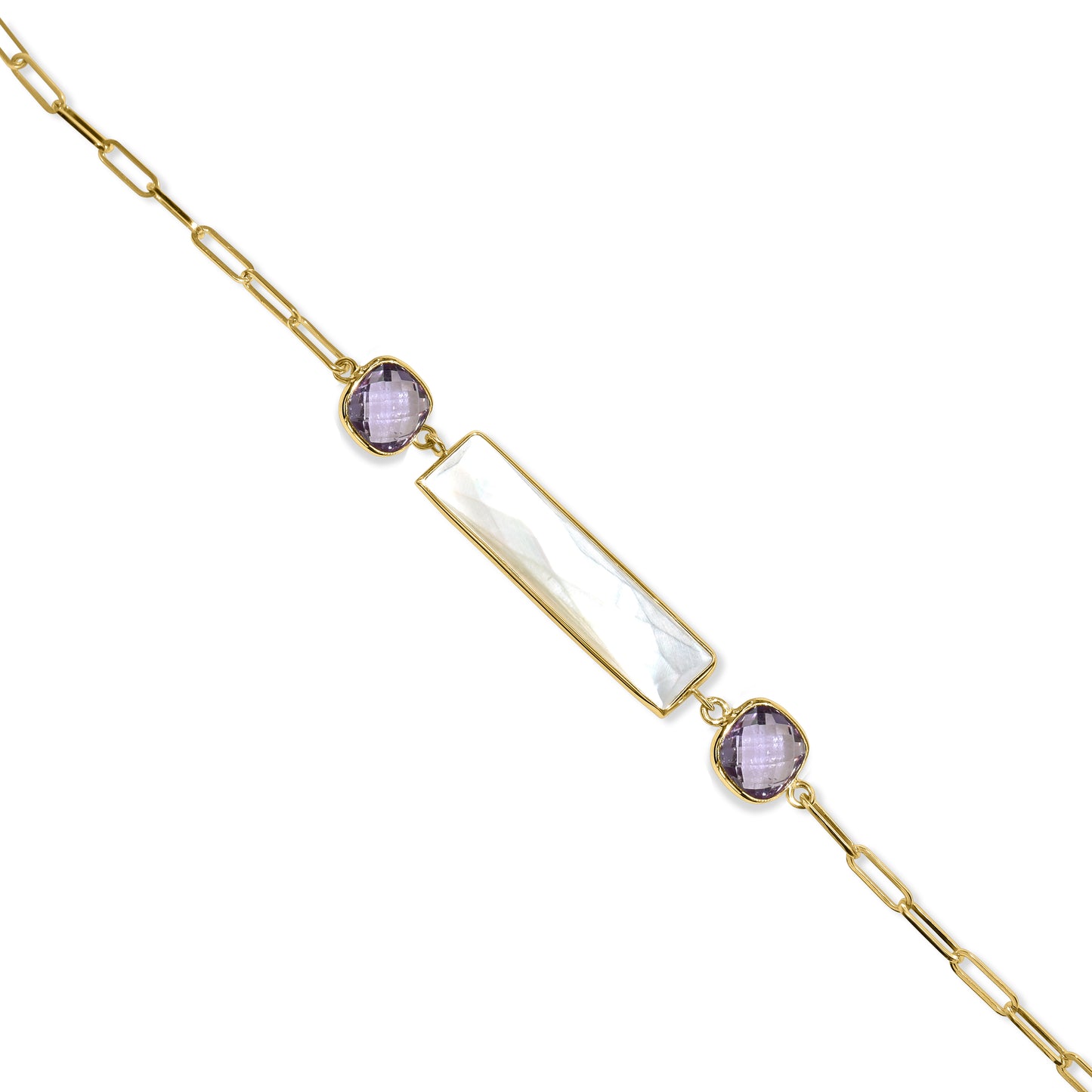 14k Mother of Pearl Amethyst Paperclip Bracelet