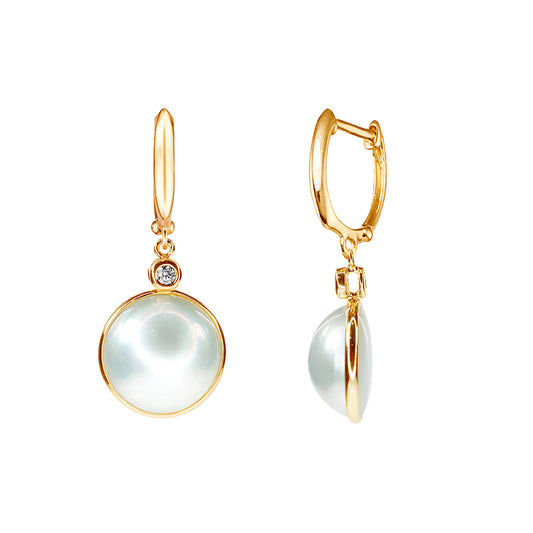 14k Mabe Pearl Vs Diamond Huggie Hoop Drop Earrings