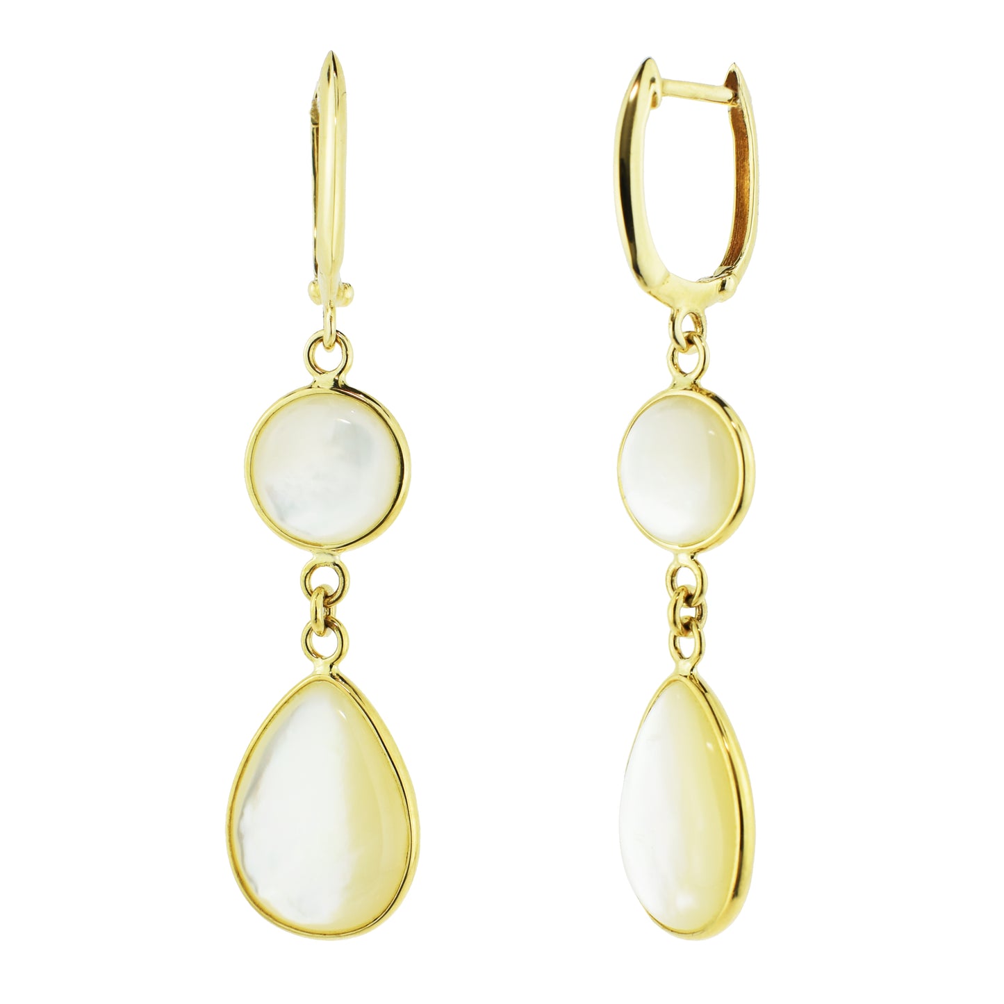 14k Mother of Pearl Round and Pear Bezel Huggie Hoop Earring