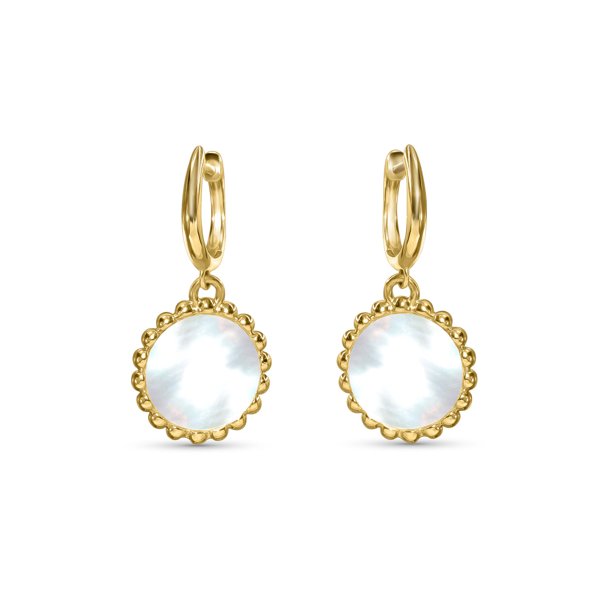 14k Mother of Pearl Fancy Bezel Roundish Hoop Earring