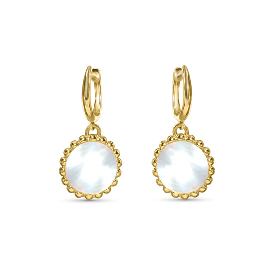 14k Mother of Pearl Fancy Bezel Roundish Hoop Earring