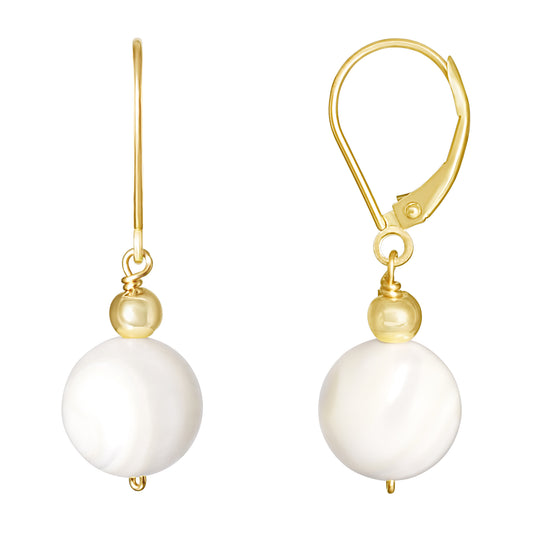 14k Mother of Pearl Gold Ball Leverback Dangle Earring