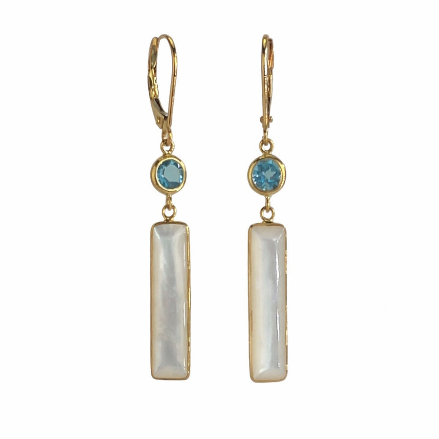 14k Swiss Blue Topaz or African Amethyst & Mother of Pearl Leverback Earring