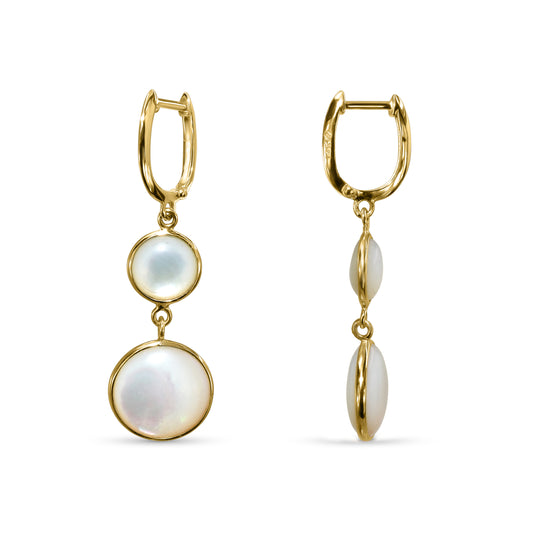 14k Mother of Pearl Round Bezel Dangle Hoop Earring