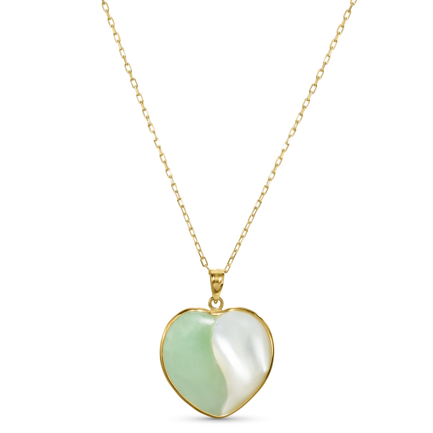 14k Mother of Pearl Green Jade Heart Pendant Necklace