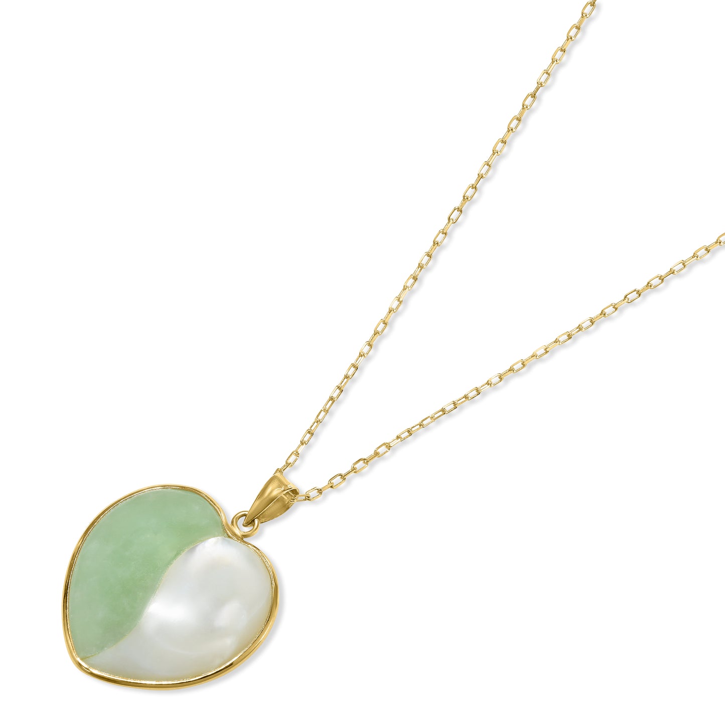 14k Mother of Pearl Green Jade Heart Pendant Necklace