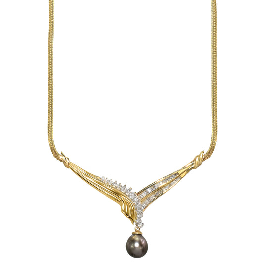 14k Black Tahitian Baroque Pearl Diamond Necklace