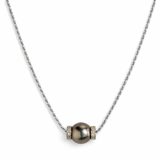 14k White Gold Black Tahitian South Sea Pearl Diamond Slide Necklace
