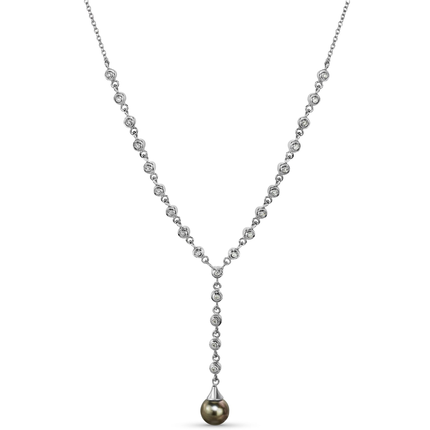 14k White Gold Tahitian Pearl Diamond Y Necklace