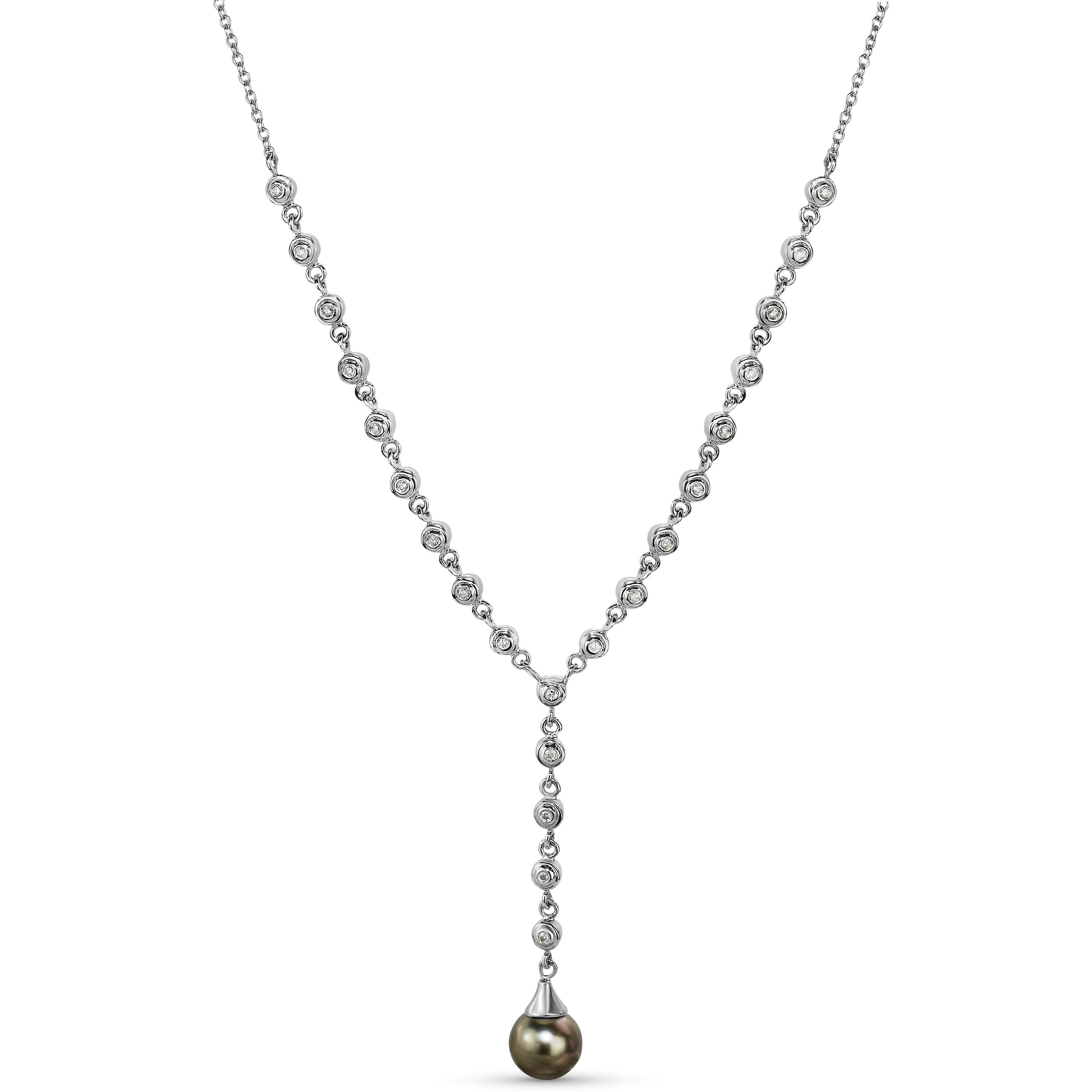 14k White Gold Tahitian Pearl Diamond Y Necklace