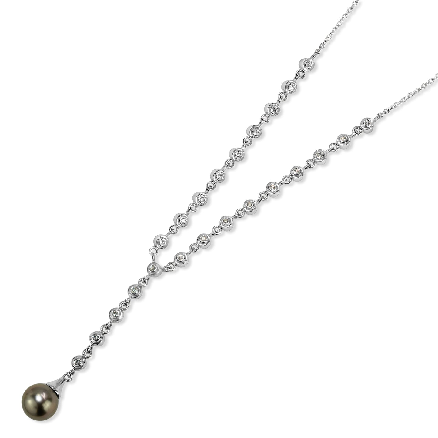 14k White Gold Tahitian Pearl Diamond Y Necklace