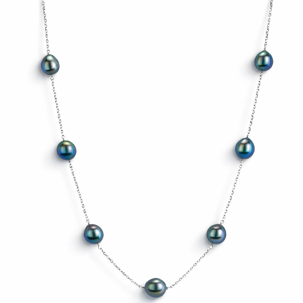 14k White Gold Tahitian Pearl Station Necklace