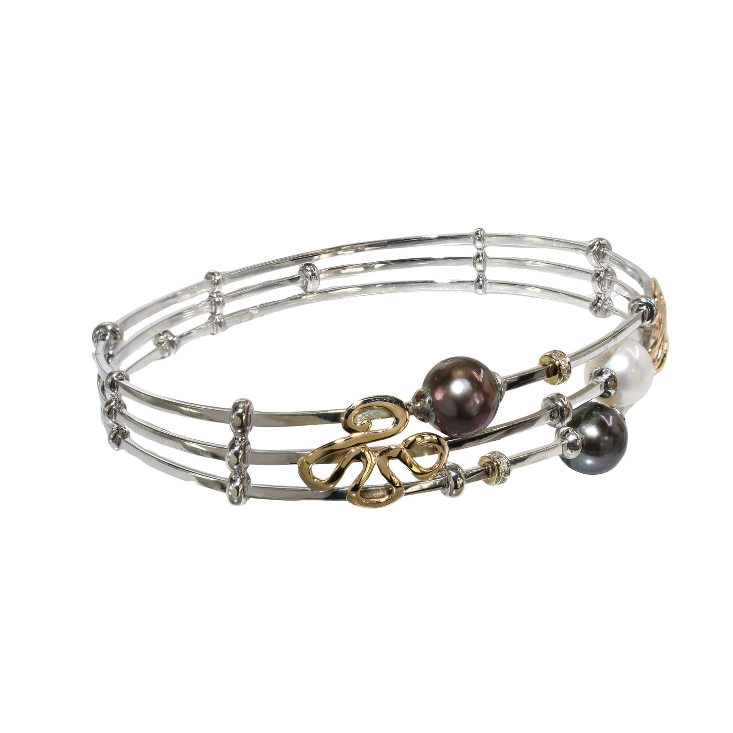 Sterling Silver 14k Tahitian South Sea Pearl Diamond Fiori Bangle