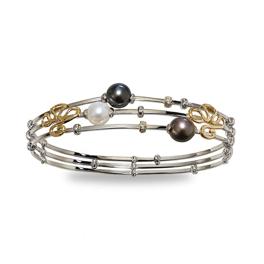 Sterling Silver 14k Tahitian South Sea Pearl Diamond Fiori Bangle