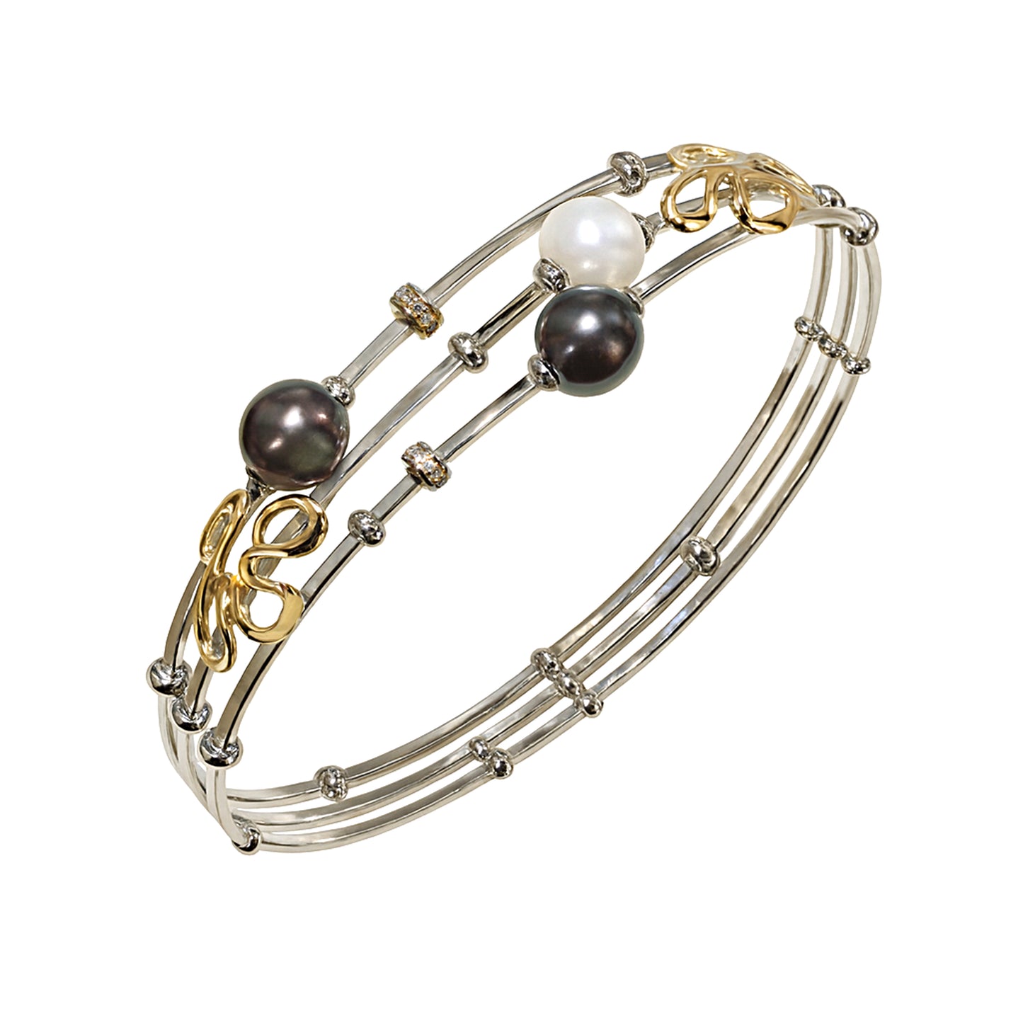Sterling Silver 14k Tahitian South Sea Pearl Diamond Fiori Bangle