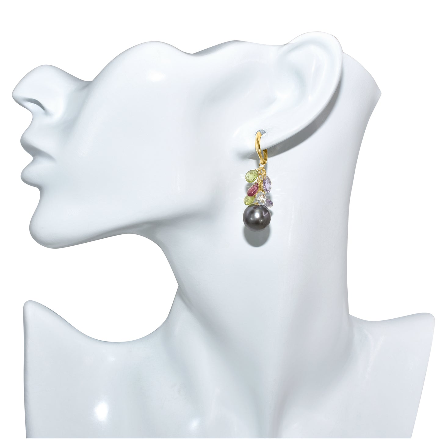 14k Tahitian South Sea Pearl Amethyst Peridot Citrine Tourmaline Blue Topaz Earring