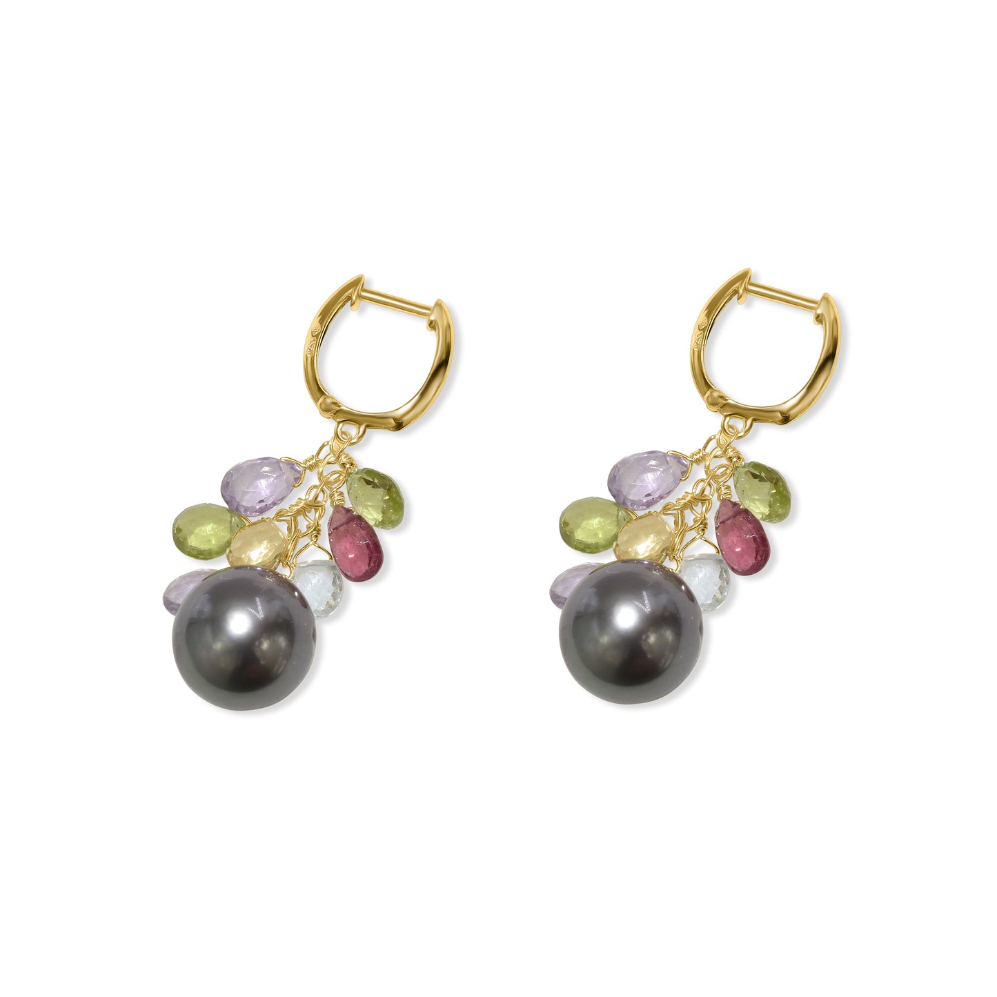 14k Tahitian South Sea Pearl Amethyst Peridot Citrine Tourmaline Blue Topaz Earring