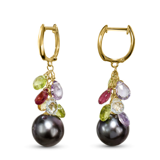 14k Tahitian South Sea Pearl Amethyst Peridot Citrine Tourmaline Blue Topaz Earring