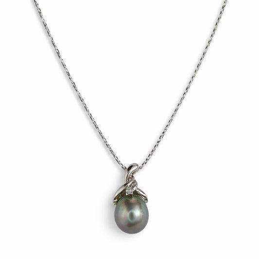 14k White Gold Black Tahitian South Sea Pearl Diamond Pendant Necklace