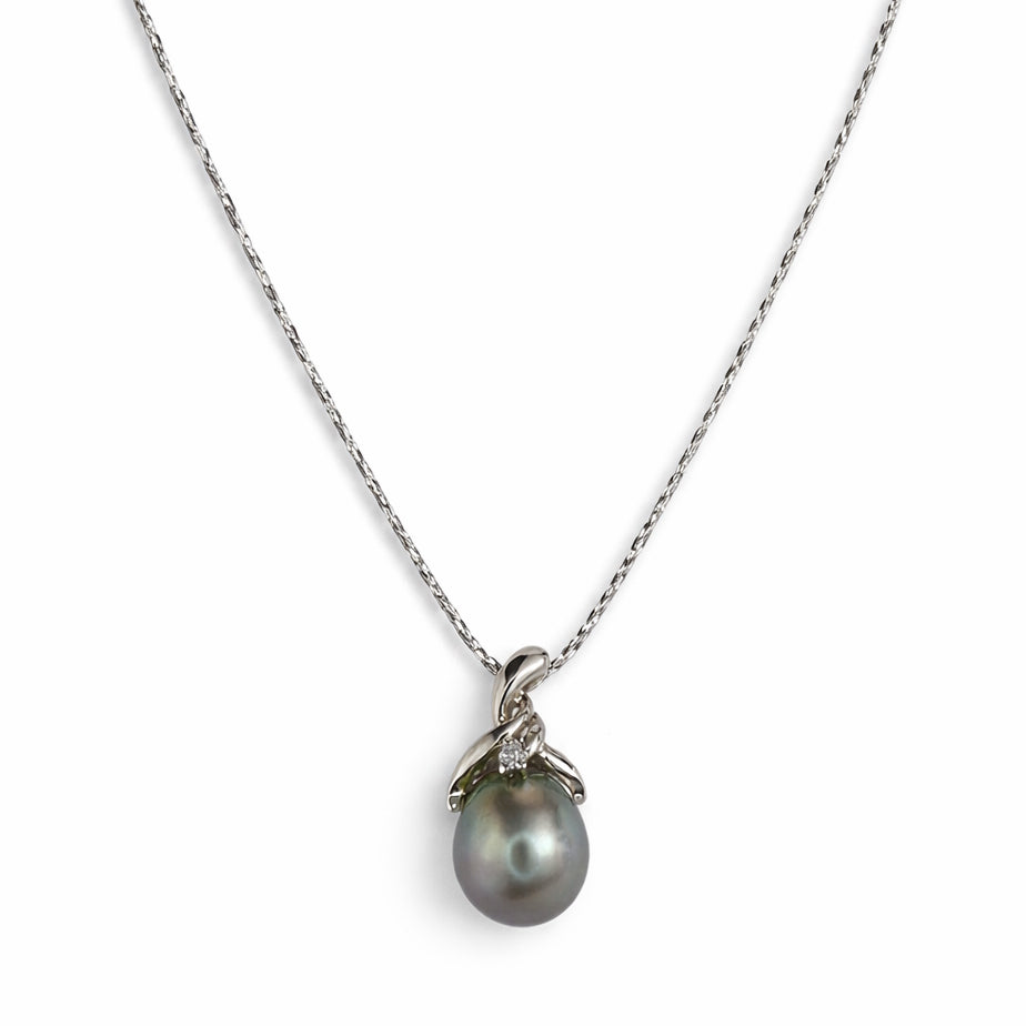 14k White Gold Black Tahitian South Sea Pearl Diamond Pendant Necklace