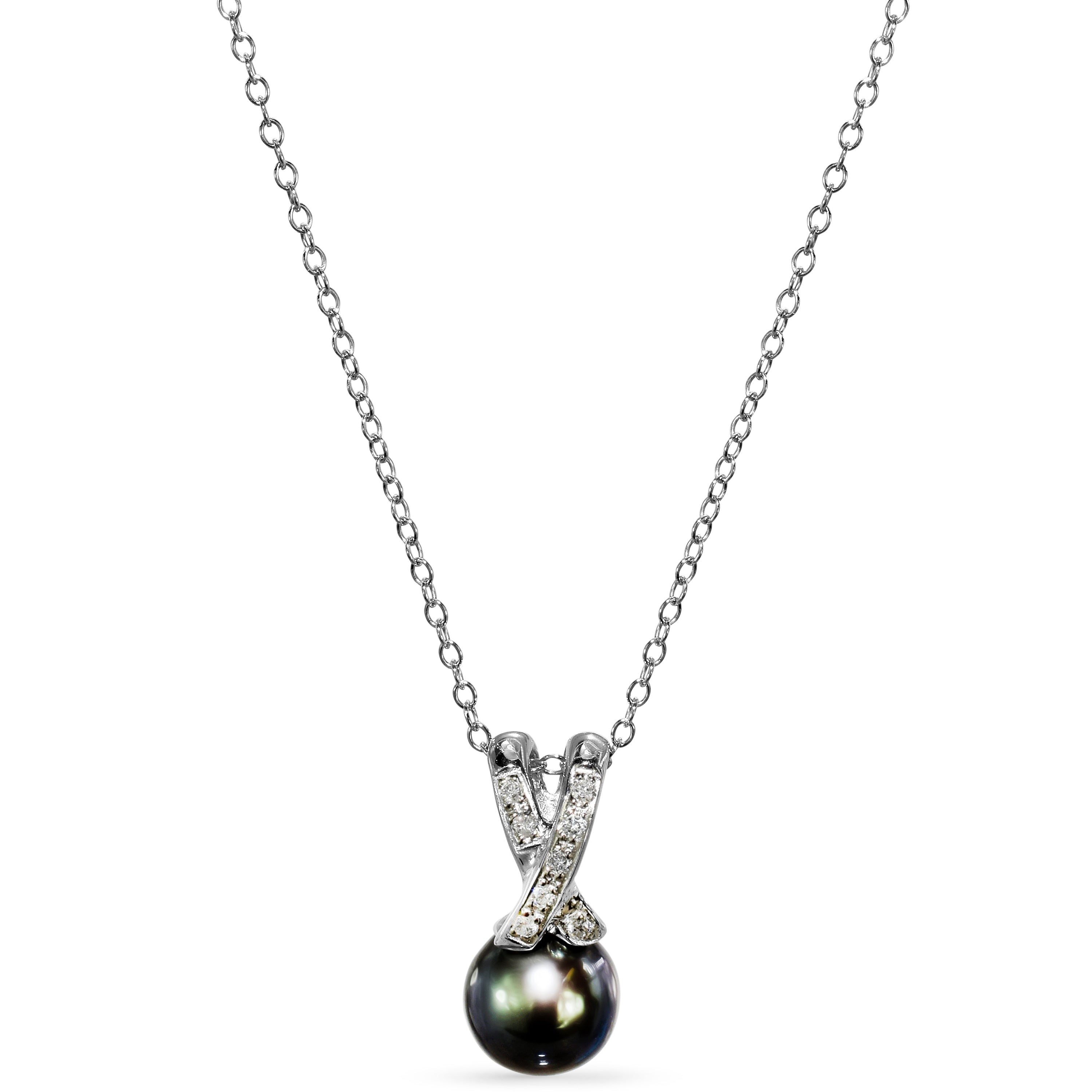 14k White Gold Black Tahitian South Sea Pearl 0.08CT Diamond Necklace
