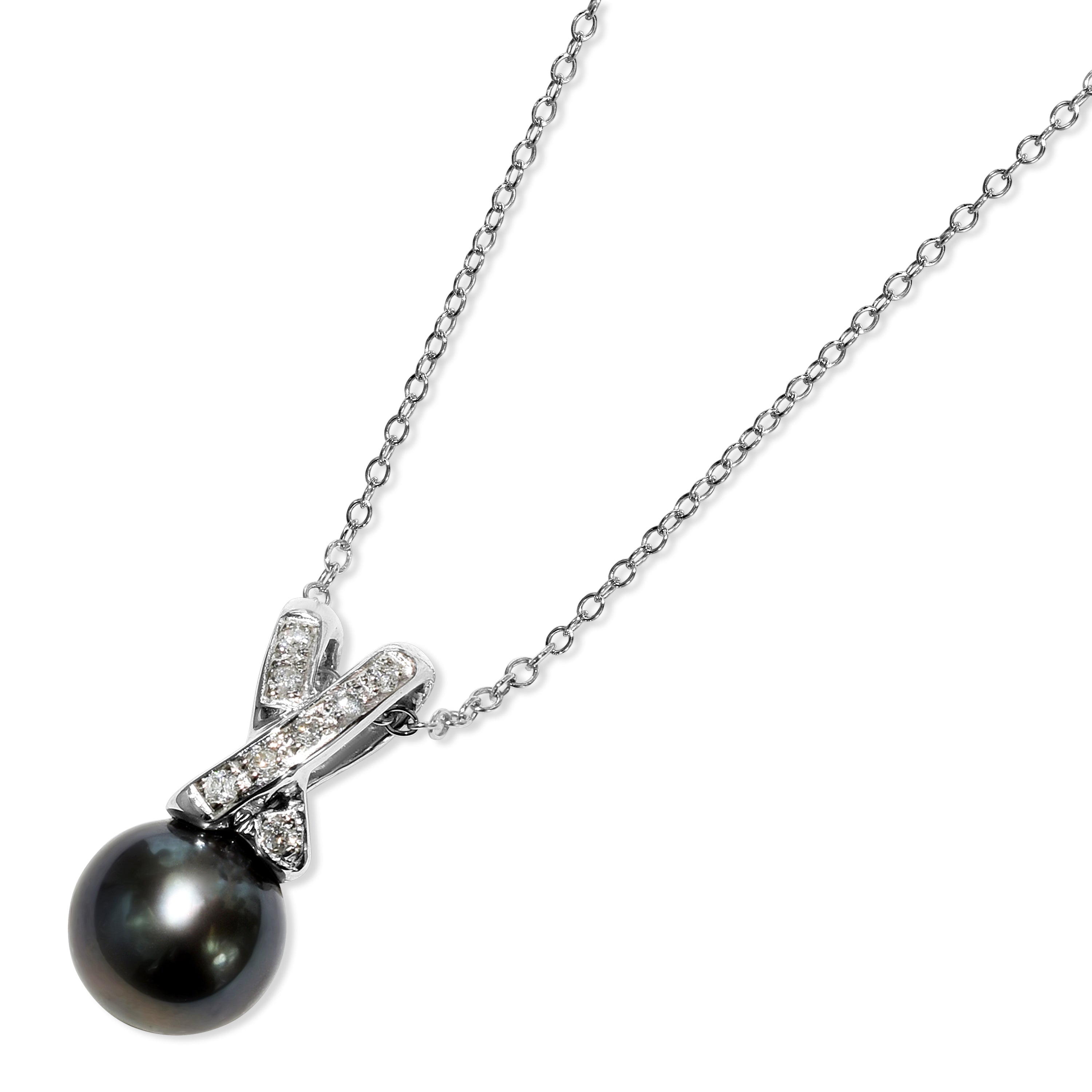 14k White Gold Black Tahitian South Sea Pearl 0.08CT Diamond Necklace