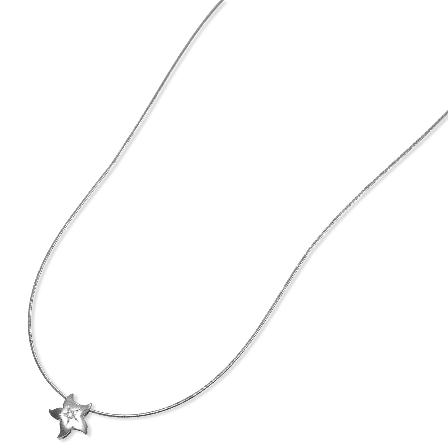 14k White Gold Star Diamond Cable Wire Slider Necklace