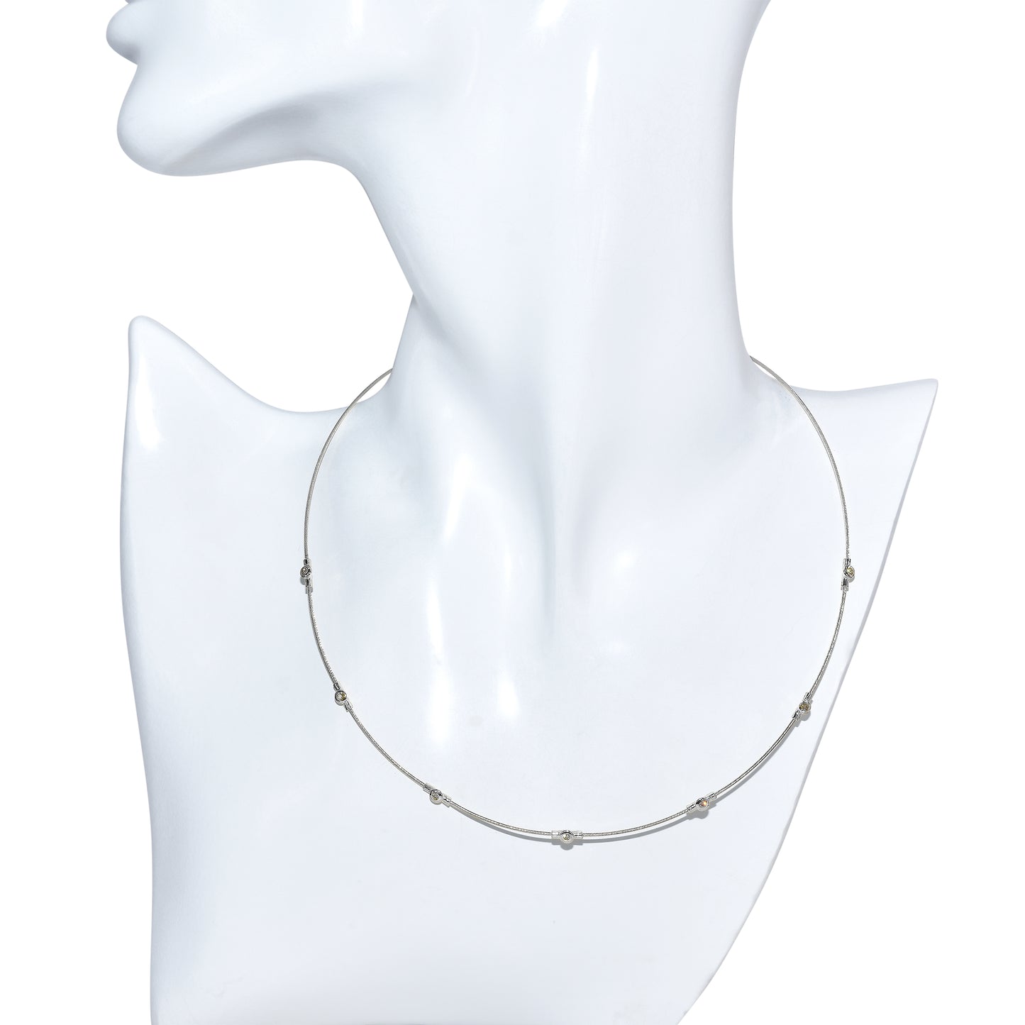 14k White Gold Diamond Station Cable Wire Necklace
