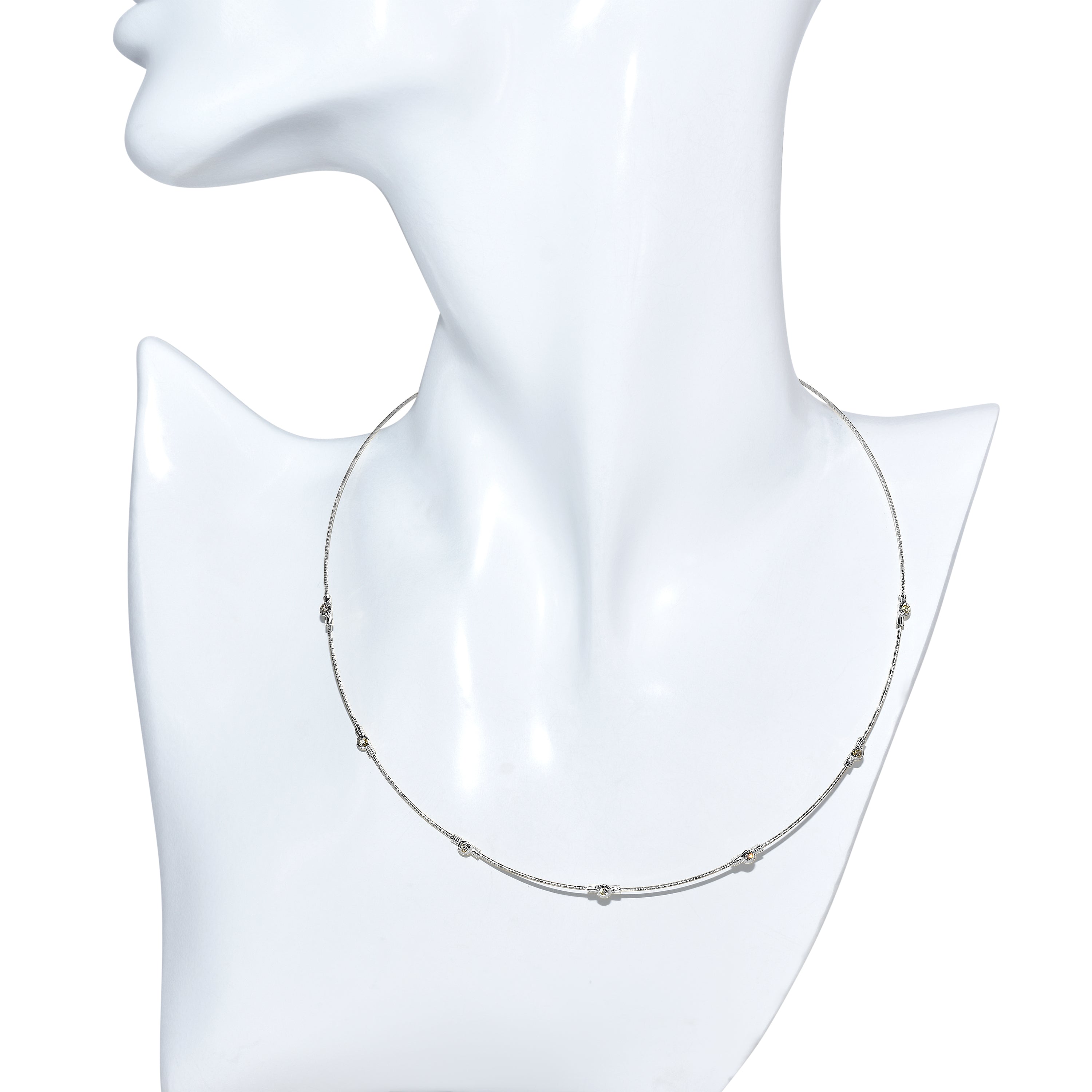 14k White Gold Diamond Station Cable Wire Necklace
