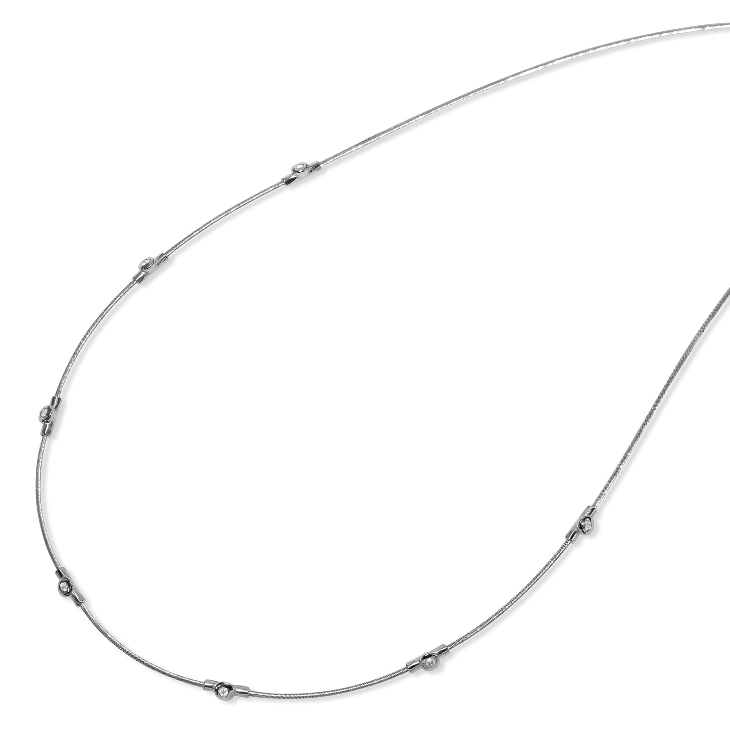 14k White Gold Diamond Station Cable Wire Necklace