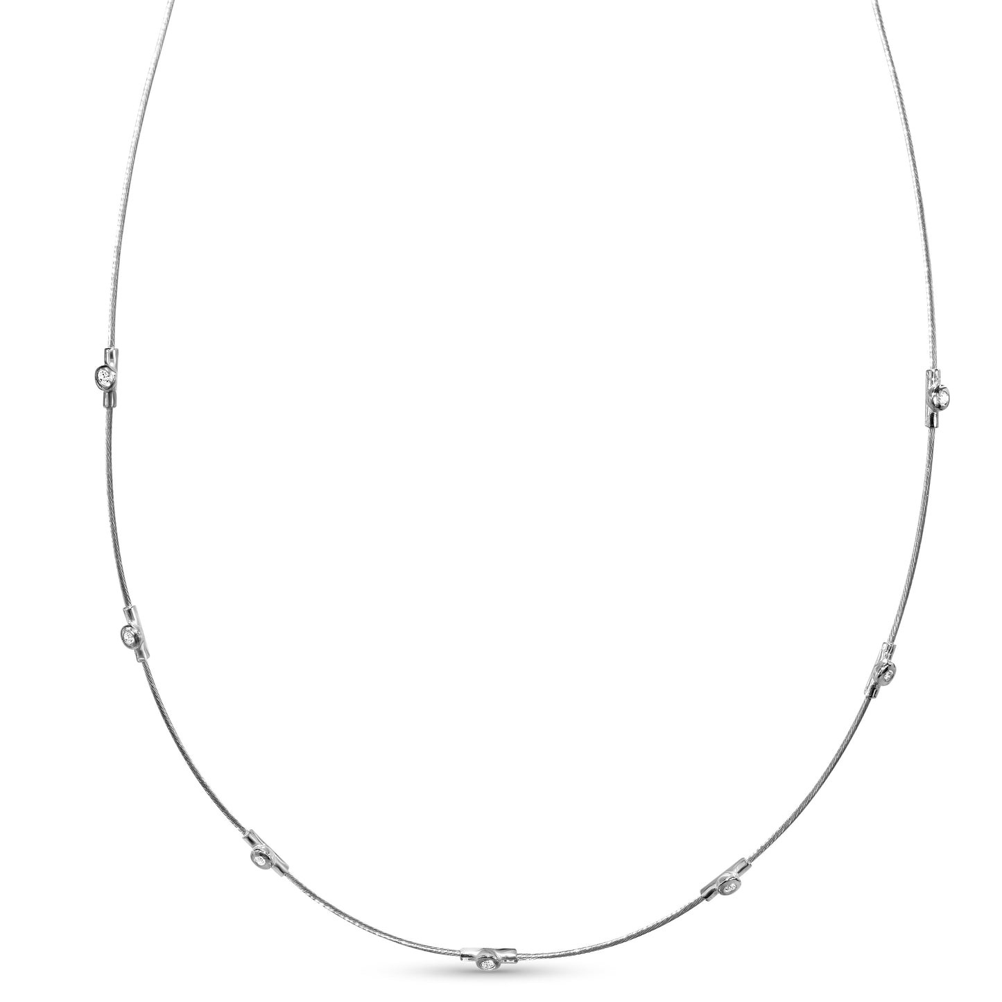 14k White Gold Diamond Station Cable Wire Necklace