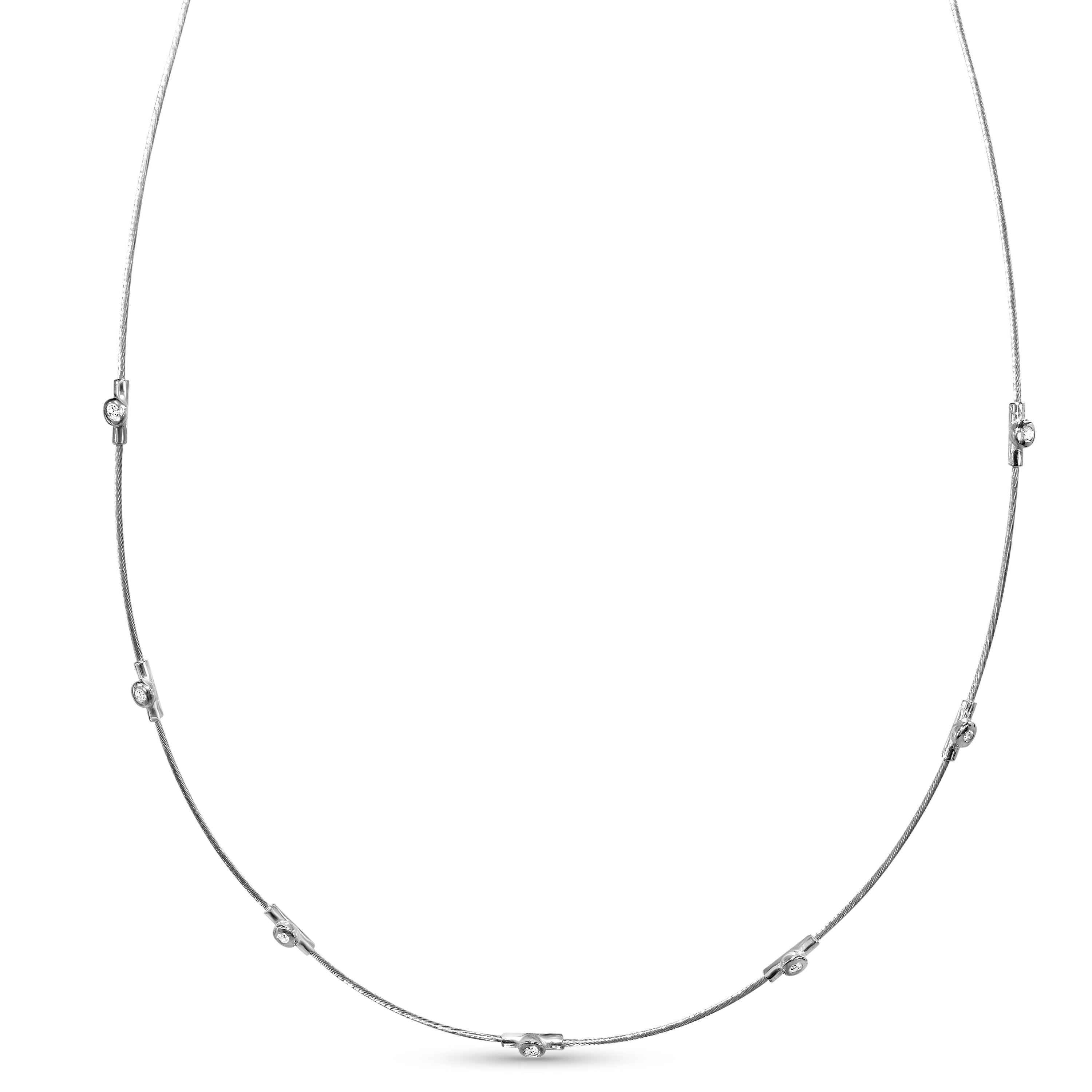 14k White Gold Diamond Station Cable Wire Necklace