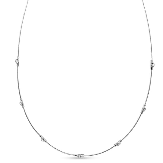 14k White Gold Diamond Station Cable Wire Necklace