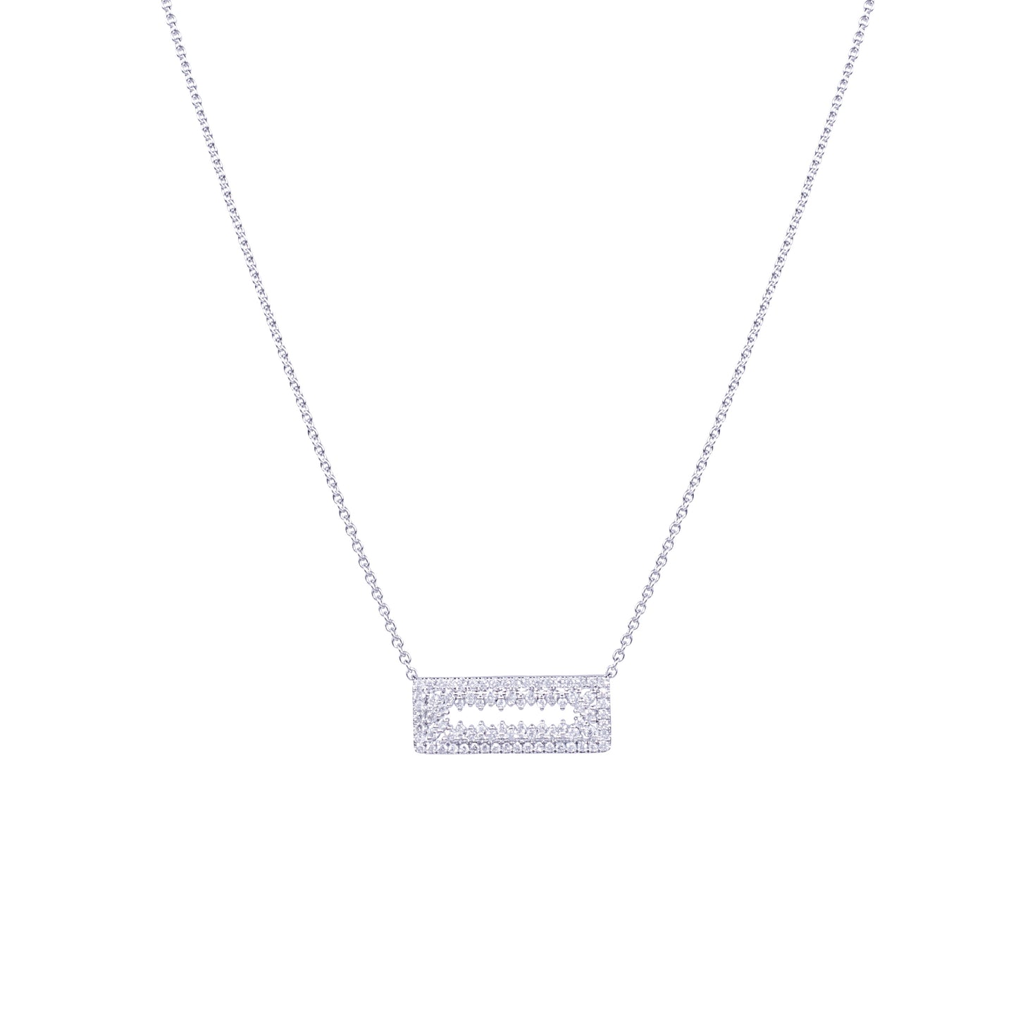 14k White Gold Diamond Open Rectangle Necklace