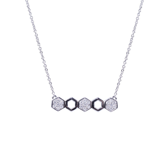 14k White Gold Diamond 5 Hexagon Center Necklace