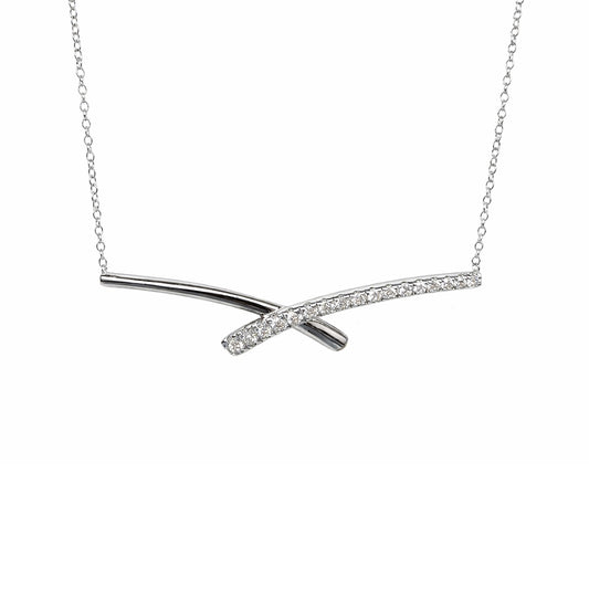 14k White Gold Diamonds X Shape Bar Pendant Necklace