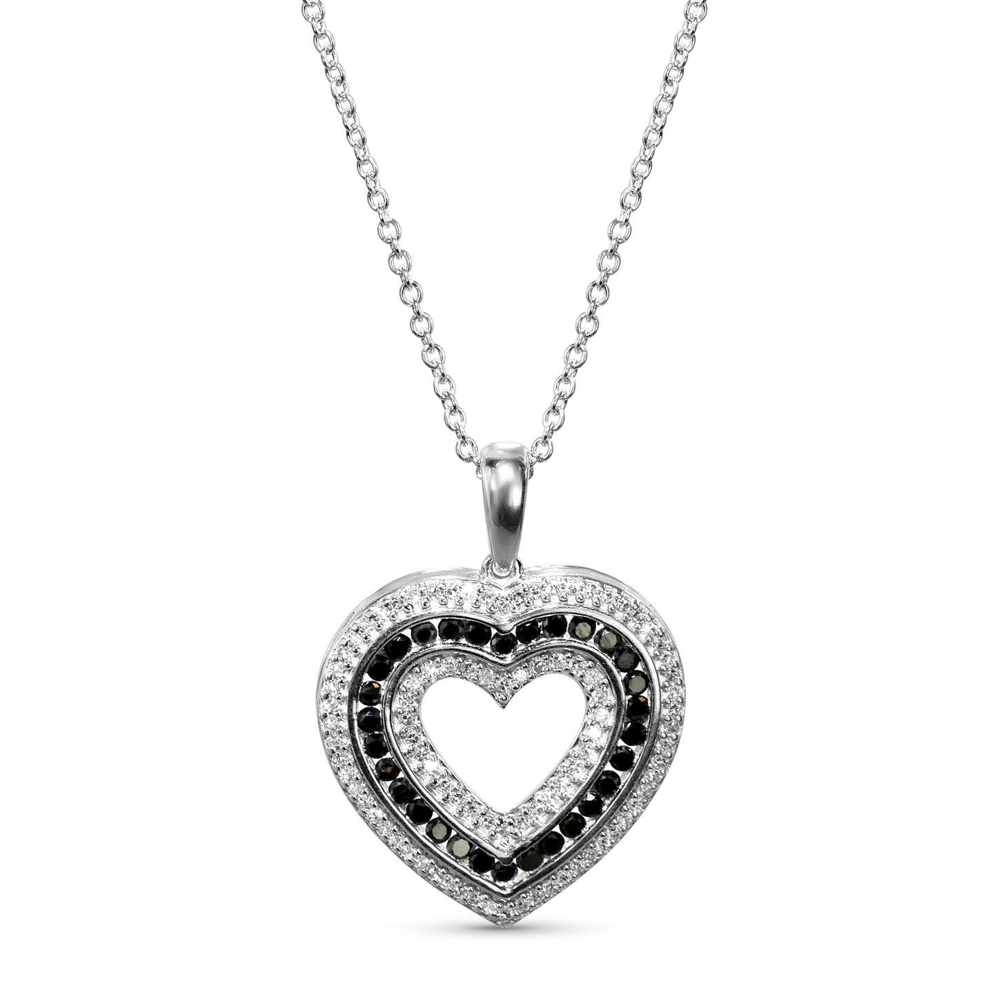 14k White Gold Black/White Diamond Open Heart Pendant Necklace