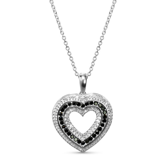 14k White Gold Black/White Diamond Open Heart Pendant Necklace